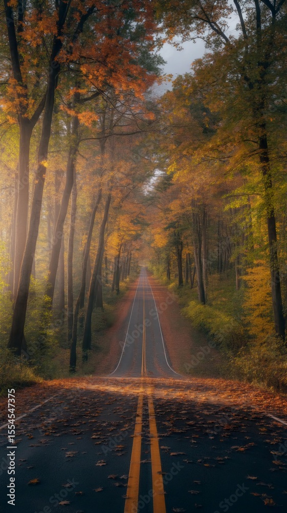 Obraz premium Autumnal Road Through Misty Forest A Scenic Drive in Fall Colors
