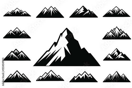 collection of elegant black and white mountain illustrations showing various peaks and wild landscapes