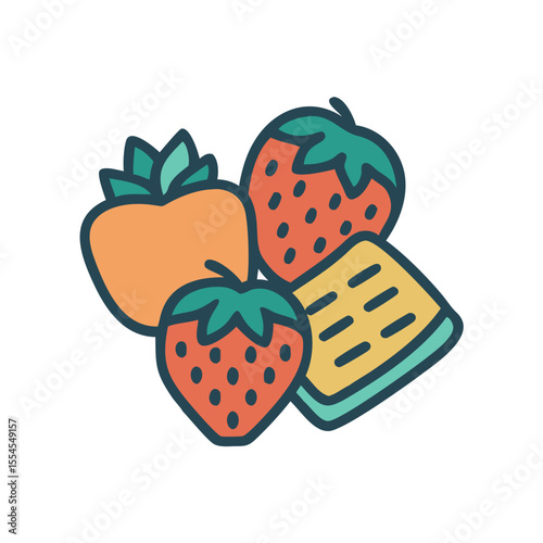 Cartoon strawberries and peach with wafer in flat style