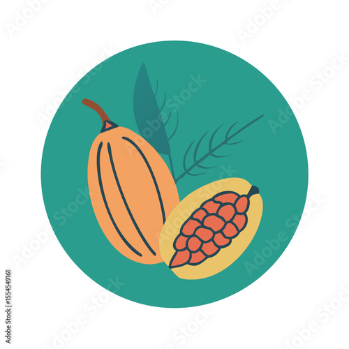 Cacao pod and seeds with leaves in round flat design