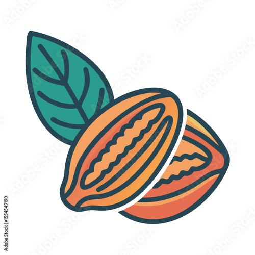 Cartoon cacao pod with leaf in colorful flat design