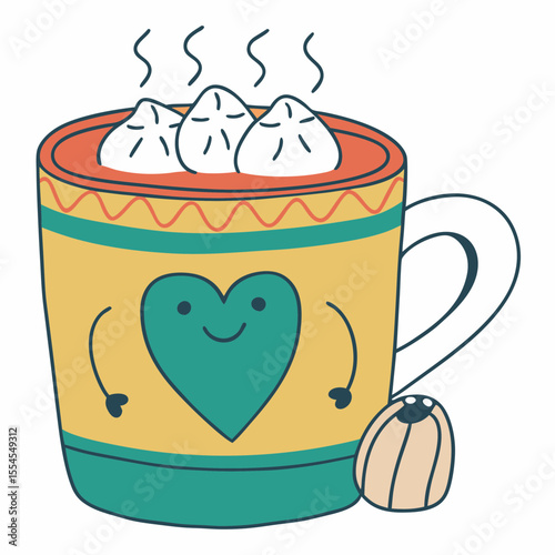 Cartoon mug of hot chocolate with marshmallows and smile