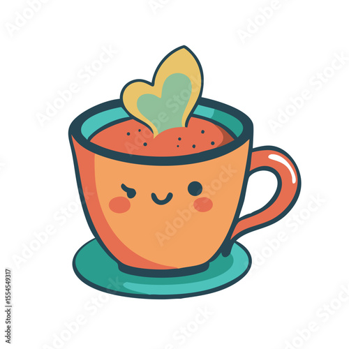 Cute cartoon coffee cup with smiling face and heart foam