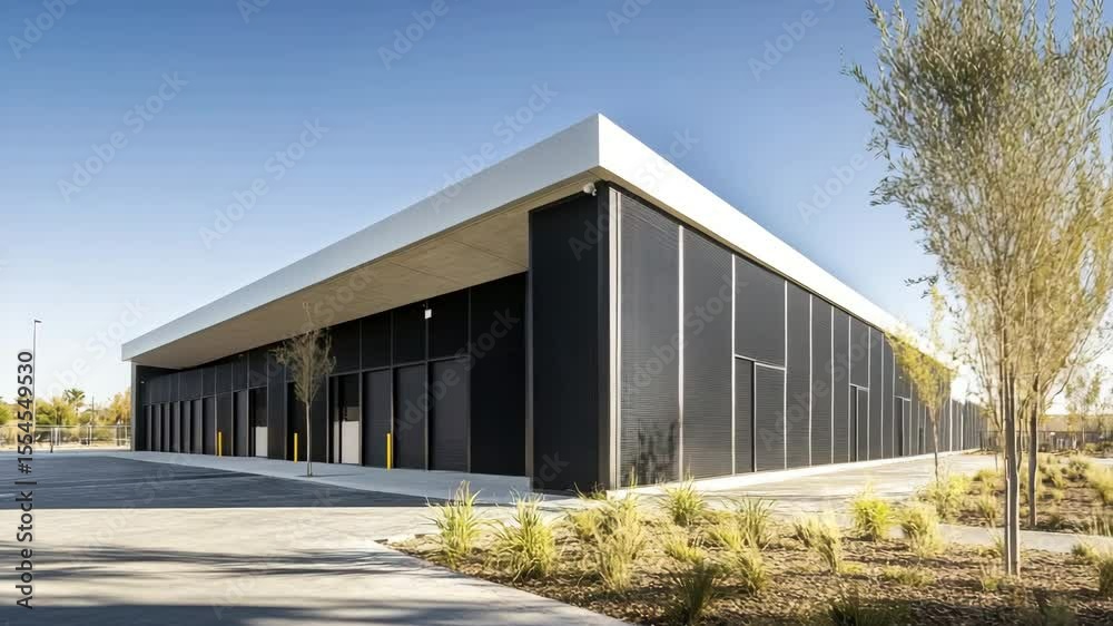 Modern storage facility featuring small office unit and minimal architectural design