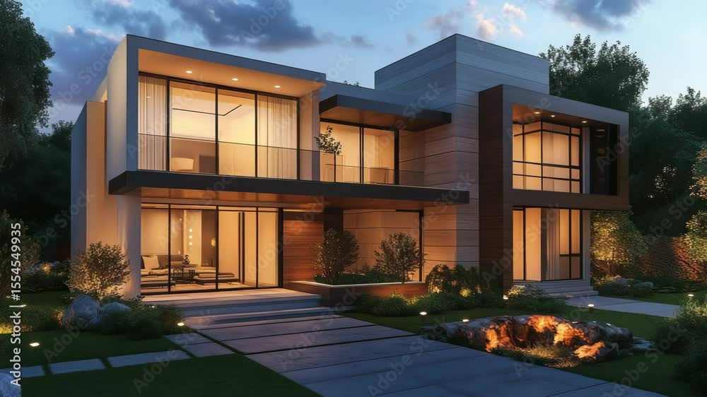 Modern two-story house glowing in sunset light, featuring sleek design and warm architectural tones, perfect for upscale home visuals