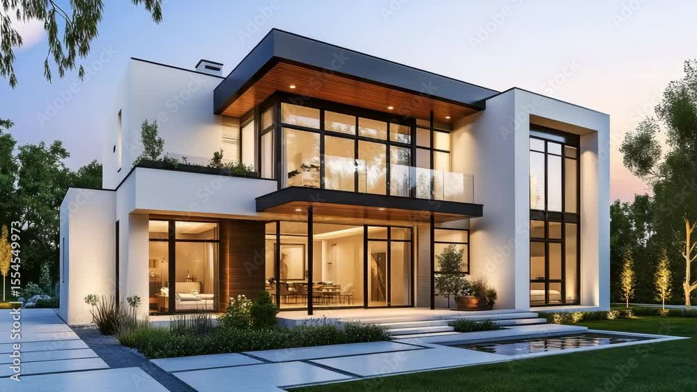 Modern two-story house glowing in sunset light, featuring sleek design and warm architectural tones, perfect for upscale home visuals