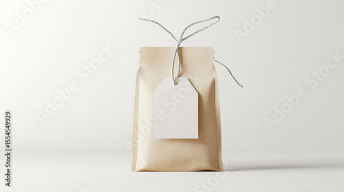 Realistic tea bag with string and paper tag, isolated on white background