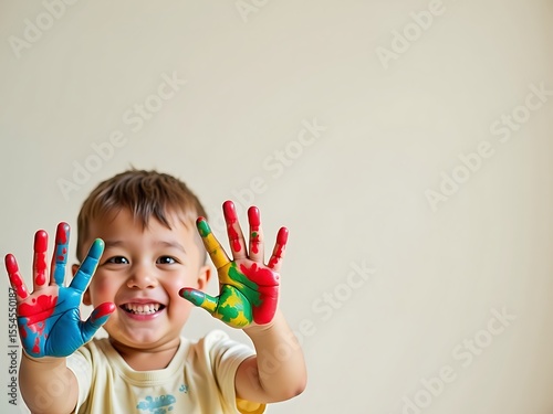 Happy child with painted hands enjoying creative art activity at home