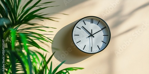 Wallpaper Mural Elegant Clock and Plant Composition on Beige Wall with Soft Lighting and Minimal Design Aesthetic Torontodigital.ca