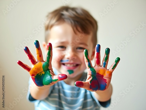 Child painting hands colorful paint happy kid art activity creative fun