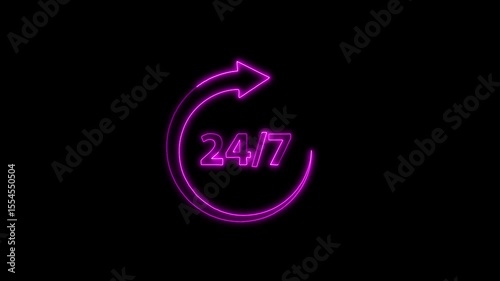 24 Hours 7 Days Neon pink Icon Animation, Round-the-Clock Glowing Sign, Transparent Background with Alpha Channel, Digital Time Motion Graphic