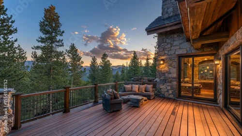 Mountain home with wide balcony, wood flooring, soft lighting, stone walls and view of pine trees under a bright sky