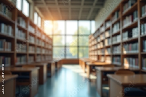 Blurred library background with books and desks for study research