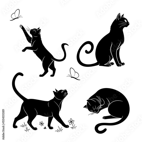 Four black cat silhouettes depicted in various poses, including playing with butterflies and resting.