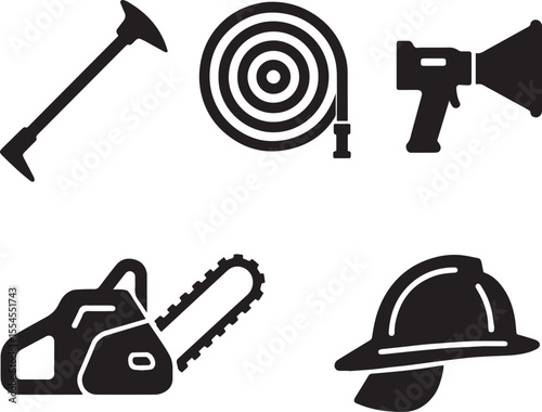 Minimalist Firefighting Equipment Silhouette Icon Pack ,Blaze Busters: Firefighting Gear Silhouette Set, Rescue Equipment Icons