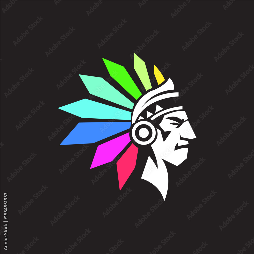 Obraz premium Native American Head Profile, Rainbow Headdress, Modern Design