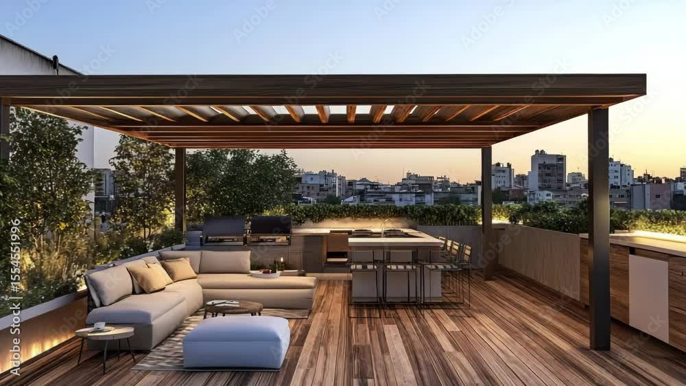 Open rooftop with pergola, outdoor kitchen, wooden floor panels, and elegant seating area, overlooking a serene evening cityscape Open rooftop with pergola, outdoor kitchen, wooden floor panels, and elegant seating area, overlooking a serene evening cityscape