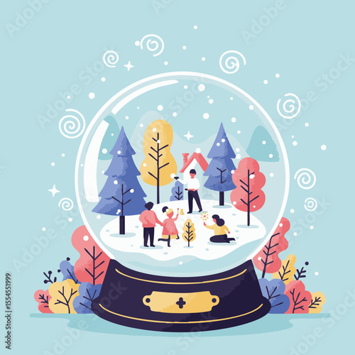 Miniature Figures Inside Snow Globe World, Flat Vector Illustration