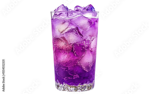 Iced butterfly pea flower tea gradually turning vibrant purple with refreshing coolness in a clear glass isolated on transparent background PNG