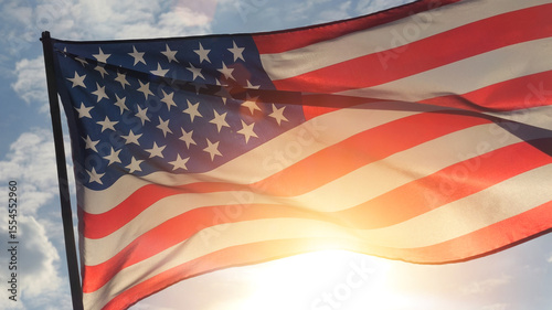 close up American flag waving in the wind against sunset. outdoor background for 4th of July, Memorial Day, Independence Day, Veterans Day, Celebrate USA, American President Election
