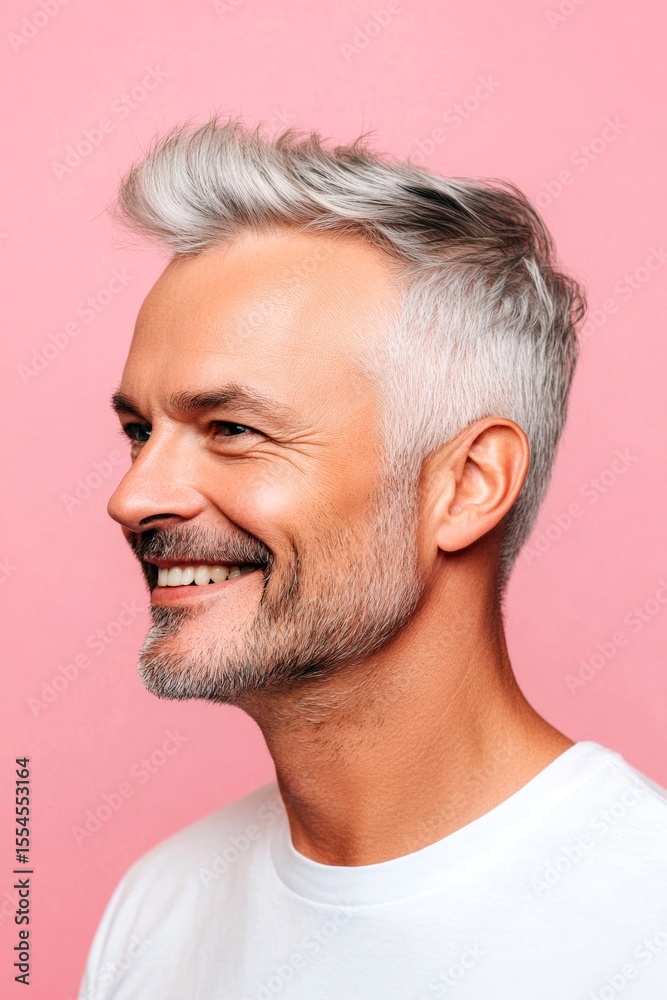 Obraz premium Pink solid background. Conceptual art artwork of style for aging men. Elegant men's layered cut haircut - midlife arabian man with short hair. A midlife man posing for a portrait.