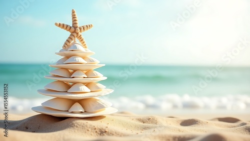 Beach christmas tree made of seashells and starfish on sand near ocean