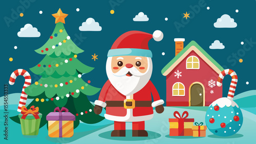 Charming santa claus with christmas tree gifts and a cozy house in snowy landscape