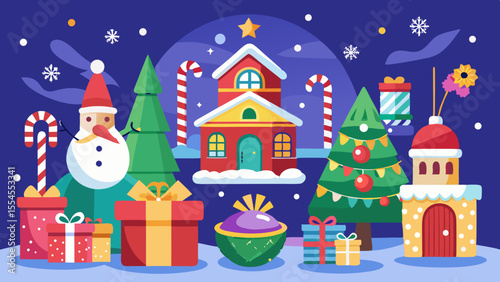 Charming christmas scene with santa snowman decorated trees and gifts