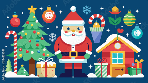 Charming christmas scene with santa claus decorated tree gifts and snow covered house