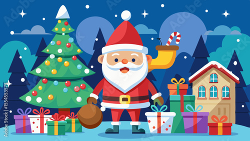 Happy santa claus with christmas tree presents and snow covered house