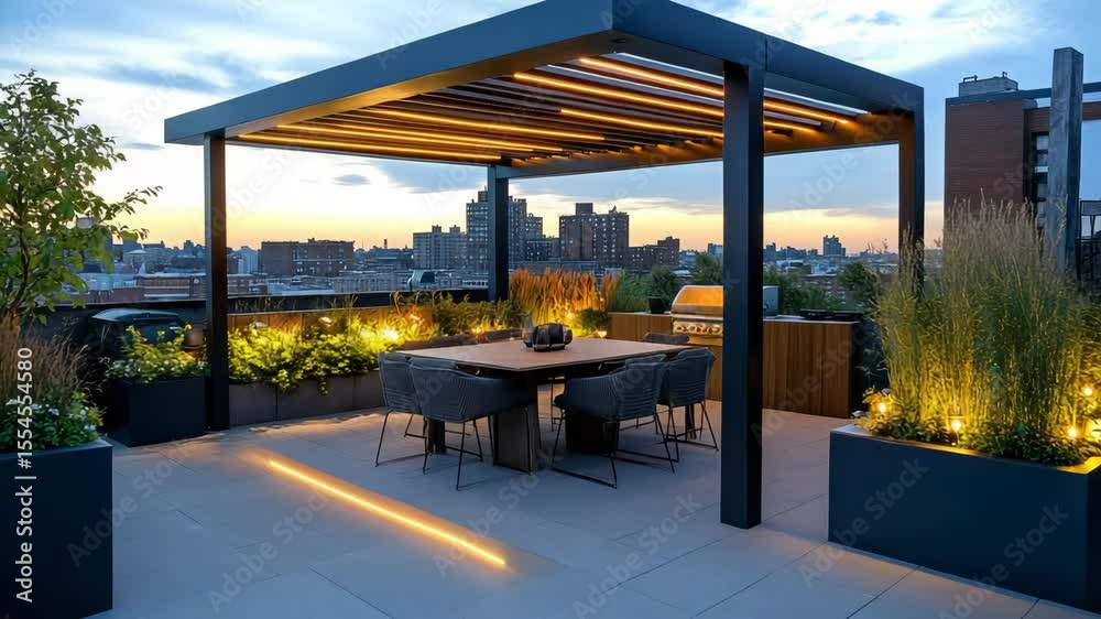 Rooftop terrace with dining pergola, clean flooring, surrounding rail lights and modern planter layout Rooftop terrace with dining pergola, clean flooring, surrounding rail lights and modern planter layout