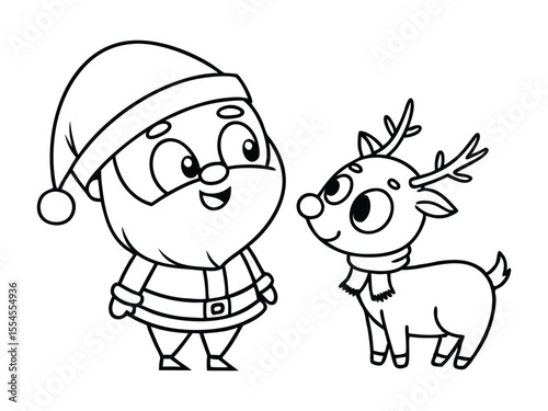 Santa with reindeer outline line art doodle cartoon illustration. Winter Christmas theme coloring book page activity for kids and adults