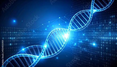 Digital DNA: A luminous double helix floats amidst binary code, representing the convergence of biology and technology in a vibrant blue matrix.