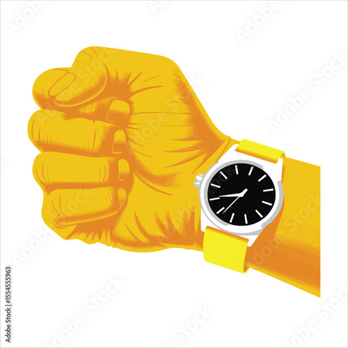 Close up of a yellow clenched fist wearing a modern wristwatch with a yellow band