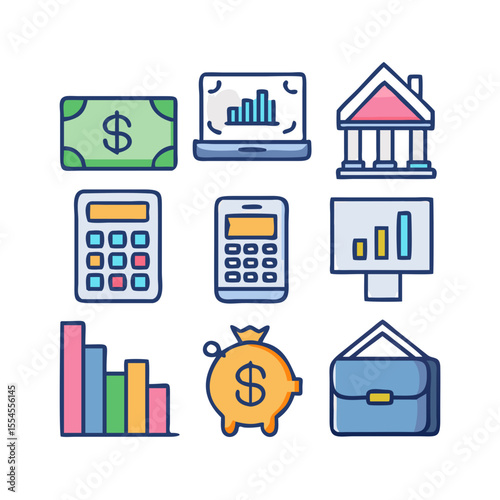 Financial & Banking Vector Icon Set – 10 Colorful Icons Including Wallet, Piggy Bank, ATM, Coin, Growth Chart, and Credit Card for UI, Fintech, and Business	