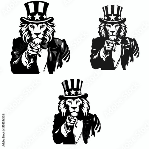 Lion fullbody wear american top hat as uncle sam point index finger to viewer. 4th of July Flag Patriotism Usa America Independence Day Clipart Line Art Vector Illustration. Feline entire.
