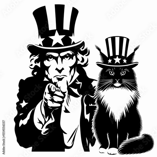 Maine Coon Cat fullbody wear american top hat as uncle sam point index finger to viewer. 4th of July Flag Patriotism Usa America Independence Day Clipart Line Art Vector Illustration. Big.