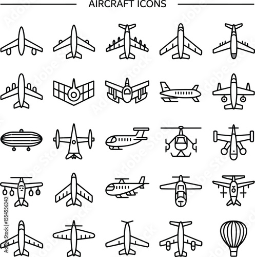 Diverse aircraft and aerial vehicle icons airplane helicopter