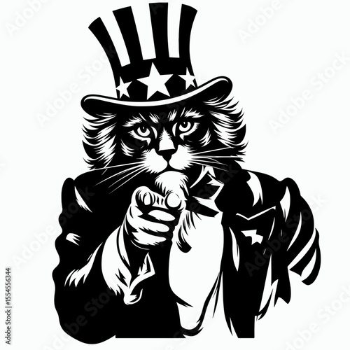Maine Coon Cat wear american top hat as uncle sam point index finger to viewer. 4th of July Flag Patriotism Usa America Independence Day Clipart Line Art Vector Illustration. Large feline.