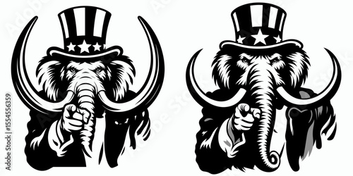 Mammoth wear american top hat as uncle sam point index finger to viewer. 4th of July Flag Patriotism Usa America Independence Day Clipart Line Art Vector Illustration. Woolly beast dons.