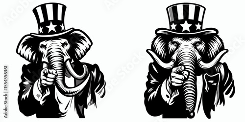 Mammoth fullbody wear american top hat as uncle sam point index finger to viewer. 4th of July Flag Patriotism Usa America Independence Day Clipart Line Art Vector Illustration. Big wooly.