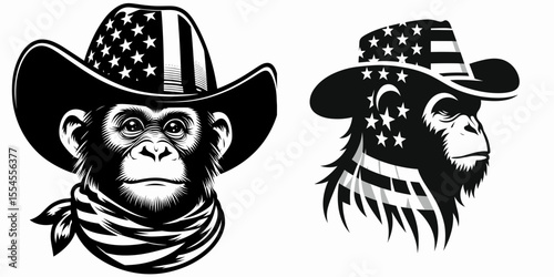 Monkey wear american flag prinit on cowboy hat2. 4th of July Patriotism Usa America Independence Day Clipart Line Art Vector Illustration. Ape in patriotic headgear a chimp dons.