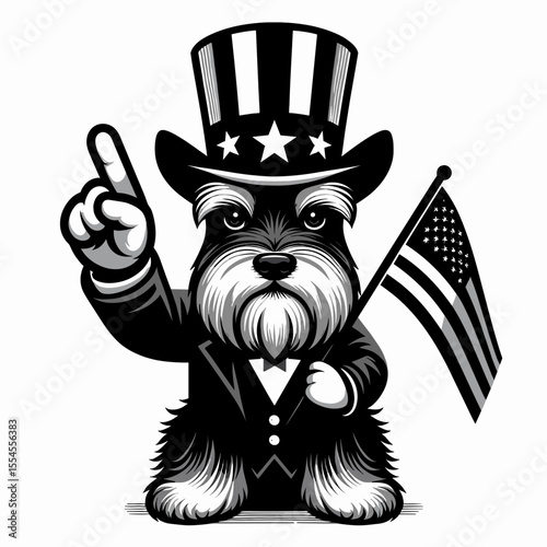Miniature Schnauzer Dog fullbody wear american top hat as uncle sam point index finger to viewer. 4th of July Flag Patriotism Usa America Independence Day Clipart Line Art Vector.