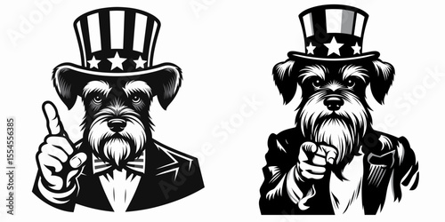 Miniature Schnauzer Dog wear american top hat as uncle sam point index finger to viewer. 4th of July Flag Patriotism Usa America Independence Day Clipart Line Art Vector Illustration. Small.