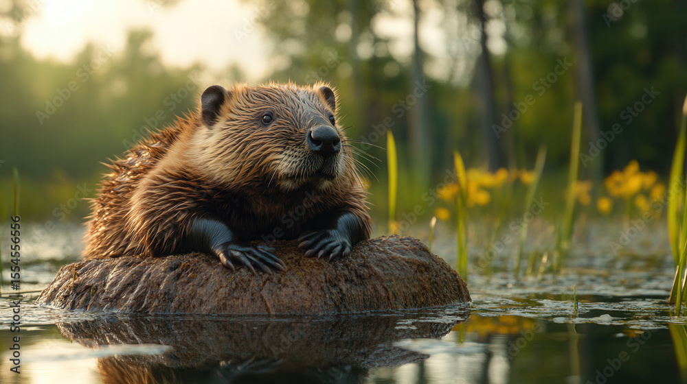 Fototapeta premium beaver resting atop dam in shallow marsh water, natural ecosystem