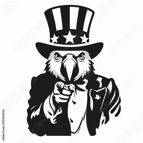 Parrot wear american top hat as uncle sam point index finger to viewer. 4th of July Flag Patriotism Usa America Independence Day Clipart Line Art Vector Illustration. Bird adorn patriotic.