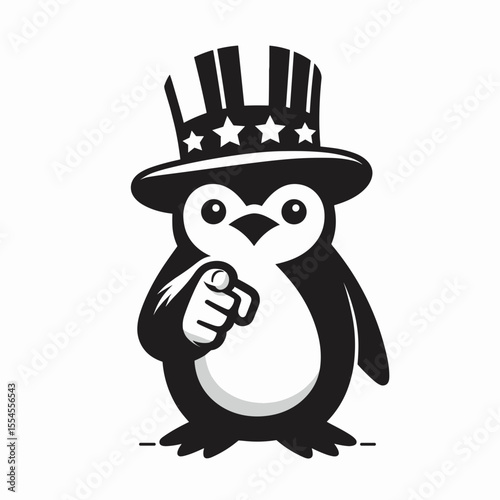Penguin wear american top hat as uncle sam point index finger to viewer. 4th of July Flag Patriotism Usa America Independence Day Clipart Line Art Vector Illustration. Flightless bird don.