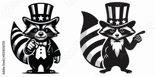 Raccoon fullbody wear american top hat as uncle sam point index finger to viewer. 4th of July Flag Patriotism Usa America Independence Day Clipart Line Art Vector Illustration. Woodland.