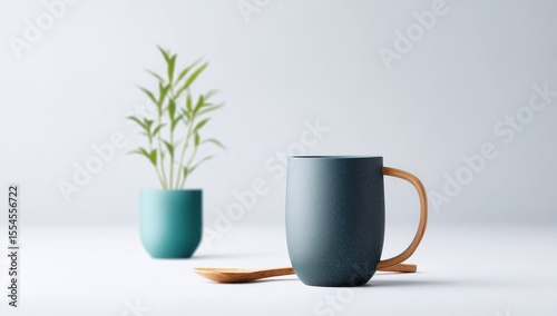 Wallpaper Mural The composition is a serene and organic still life, with a simple wooden cup and spoon positioned beside a green potted plant on a bright surface, showcasing a minimalist aesthetic that incorporates Torontodigital.ca