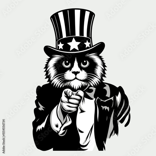Ragdoll Cat fullbody wear american top hat as uncle sam point index finger to viewer. 4th of July Flag Patriotism Usa America Independence Day Clipart Line Art Vector Illustration. Fluffy.